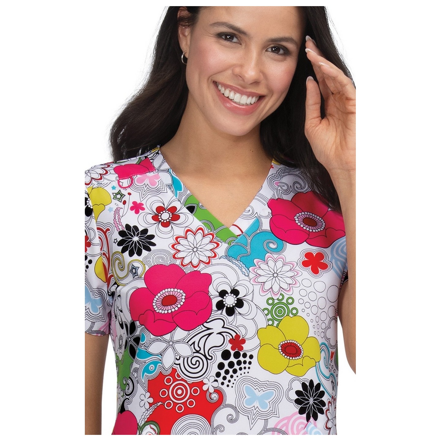 F101PR French Bull by koi Doll V-Neck Print Scrub Top - Delight White