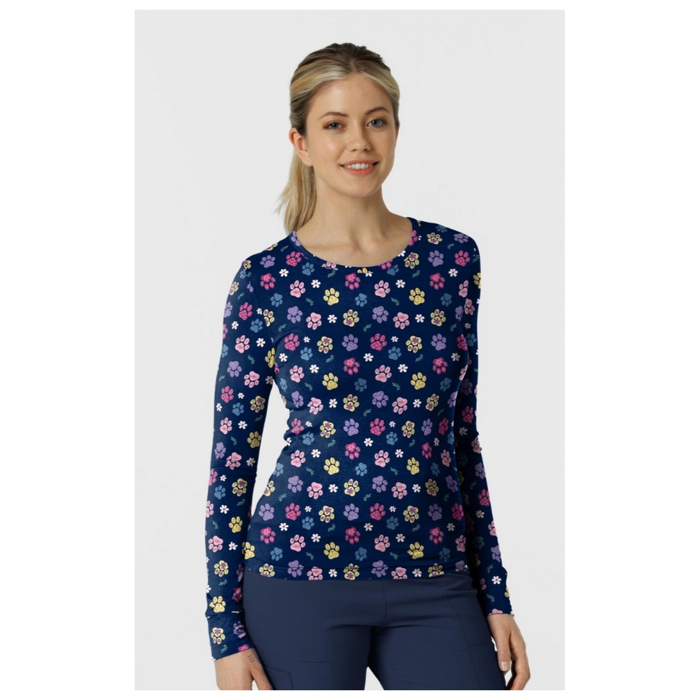 2409 Wink Layers Silky Long Sleeve Print Top - Springtime Stroll Navy