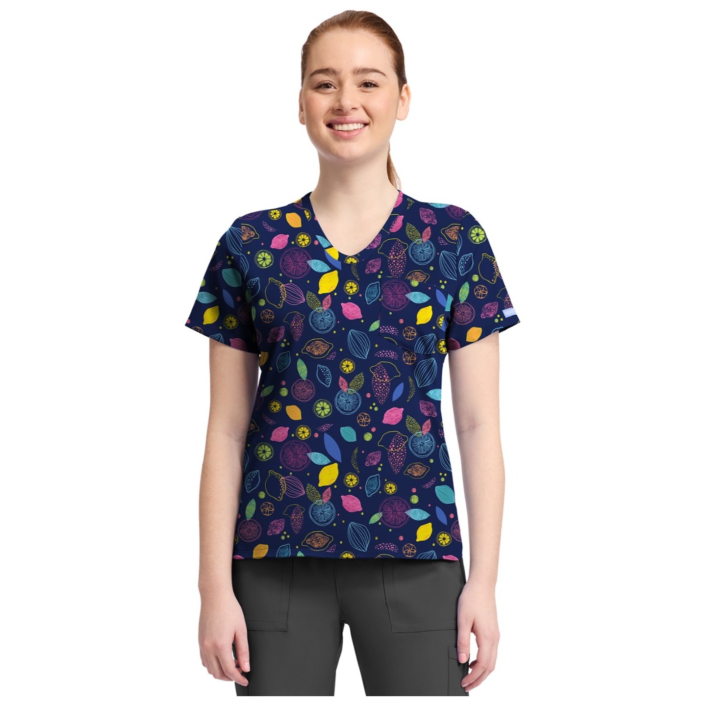 CK857 High-Low V-Neck Print Top by Cherokee - Tutti Frutti