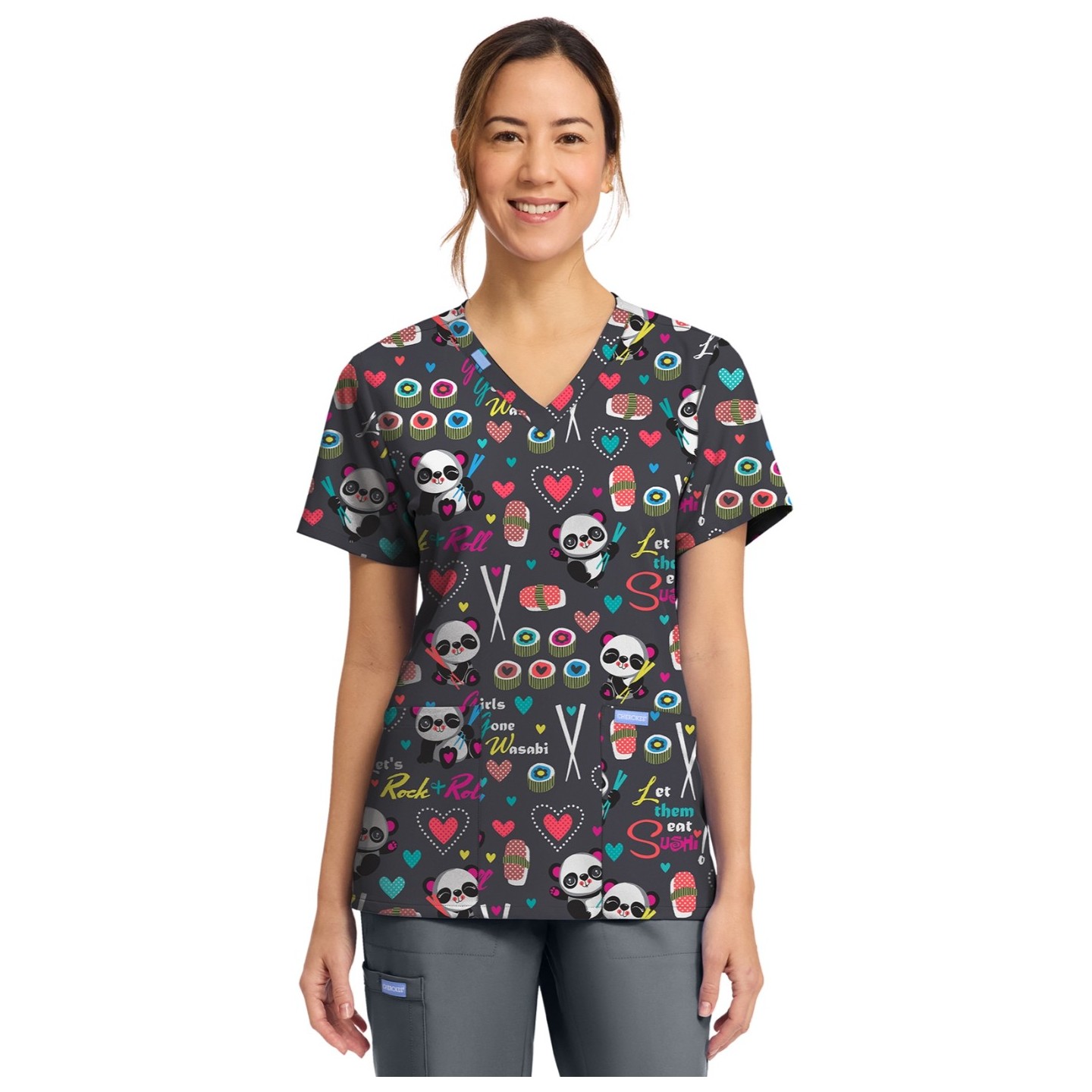 CK856 V-Neck 2 Pocket Print Top by Cherokee - Girls Gone Wasabi