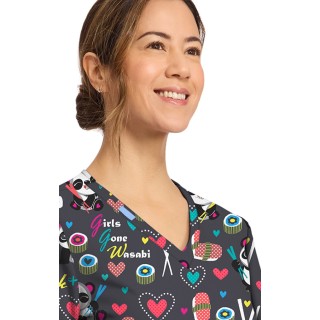 CK856 V-Neck 2 Pocket Print Top by Cherokee - Girls Gone Wasabi