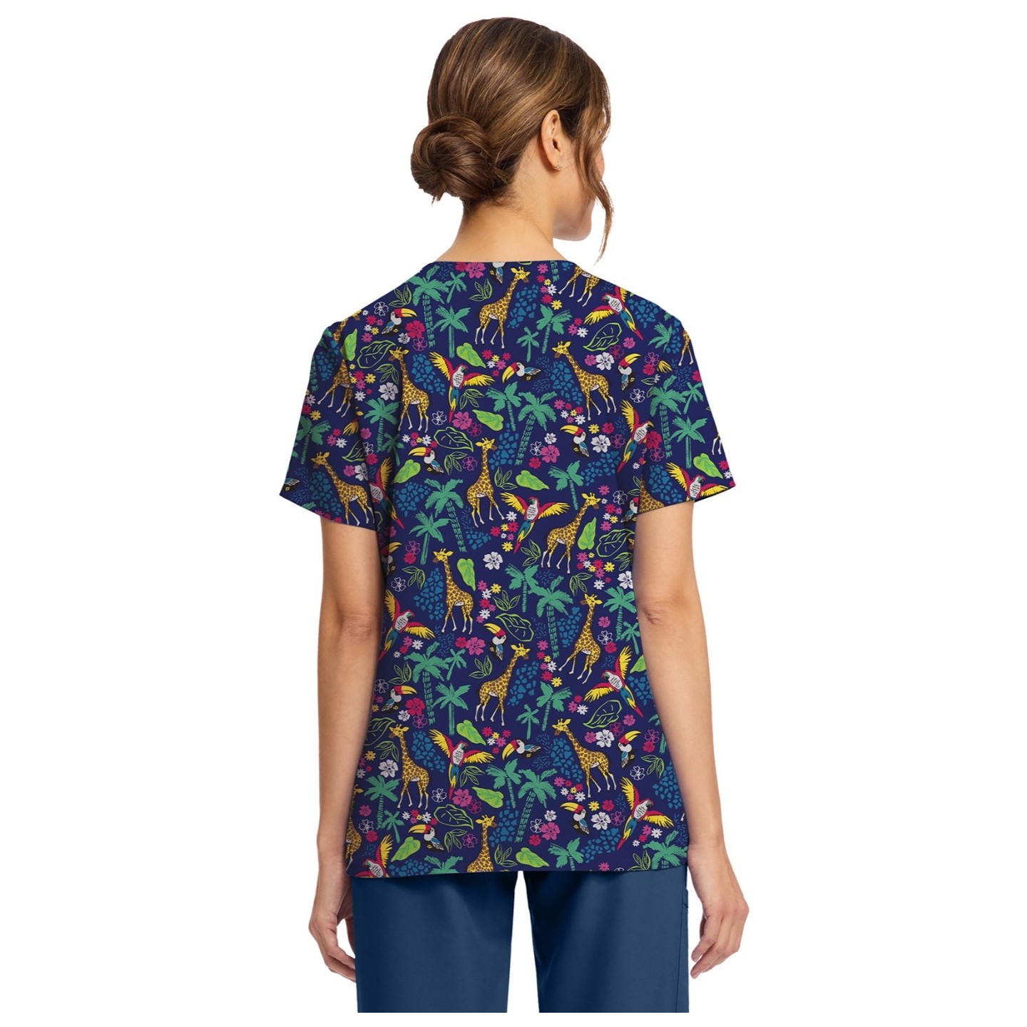CK856 V-Neck 2 Pocket Print Top by Cherokee - Jungle Jive