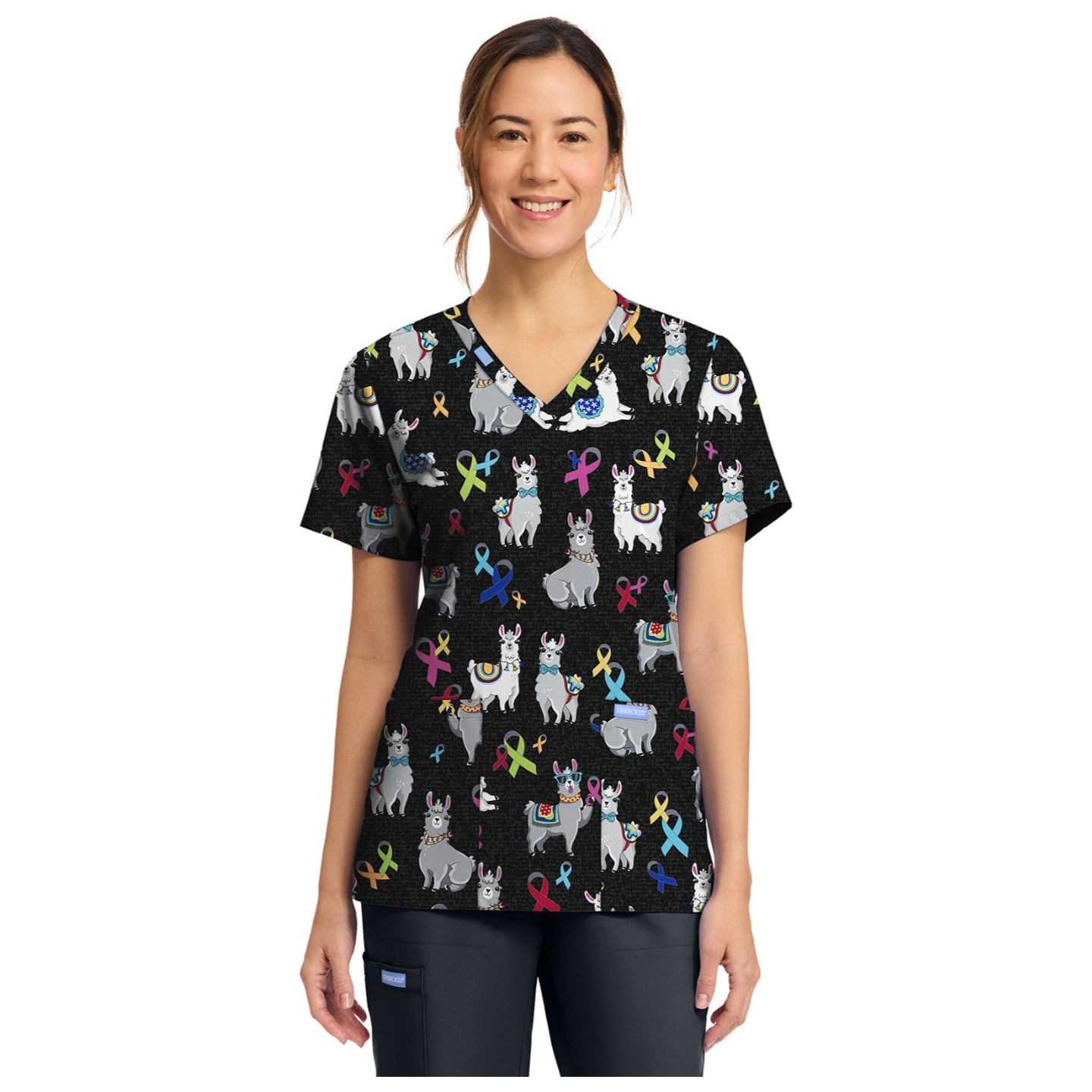 CK856 V-Neck 2 Pocket Print Top by Cherokee - Llama Be Aware
