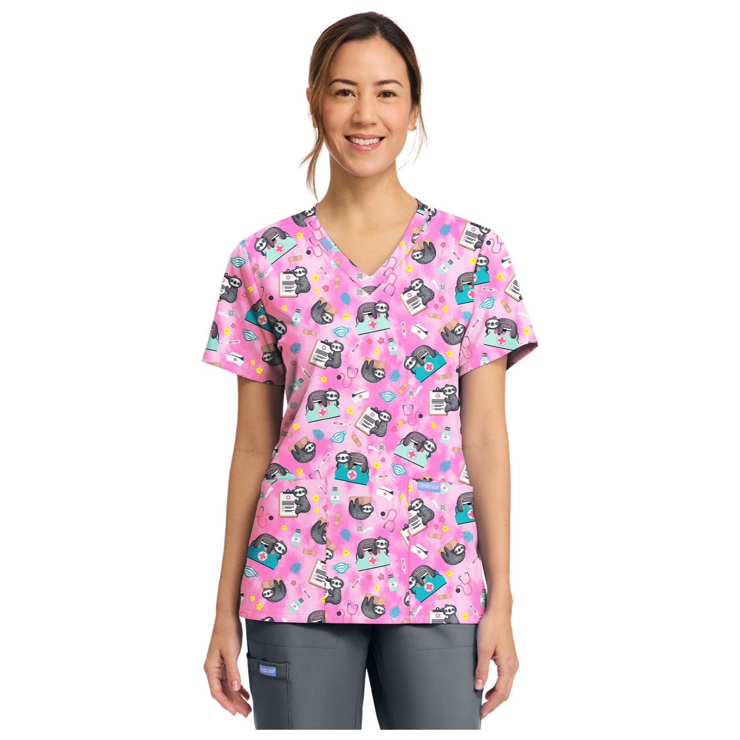 CK856 V-Neck 2 Pocket Print Top by Cherokee - Nurse Sloth