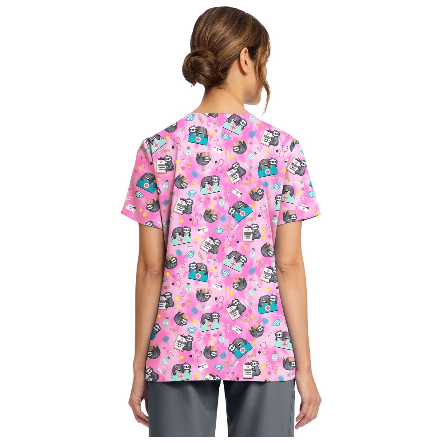 CK856 V-Neck 2 Pocket Print Top by Cherokee - Nurse Sloth
