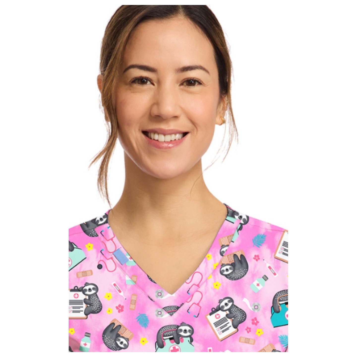 CK856 V-Neck 2 Pocket Print Top by Cherokee - Nurse Sloth