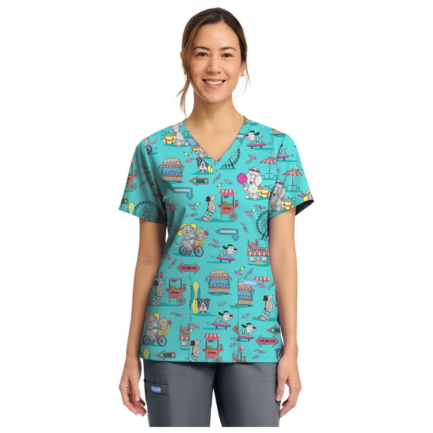 CK856 V-Neck 2 Pocket Print Top by Cherokee - Vintage Boardwalk