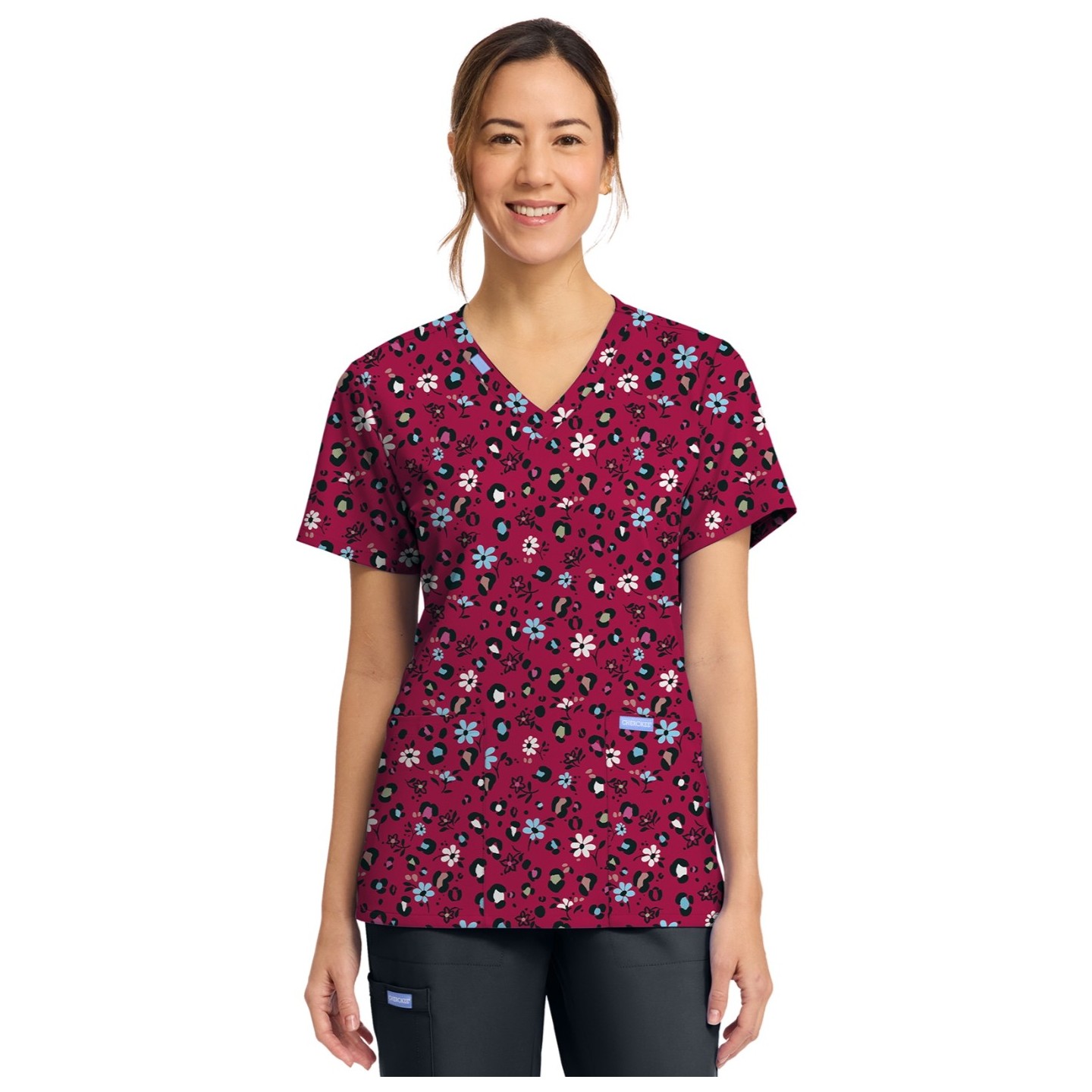 CK856 V-Neck 2 Pocket Print Top by Cherokee - Wild Ditsy