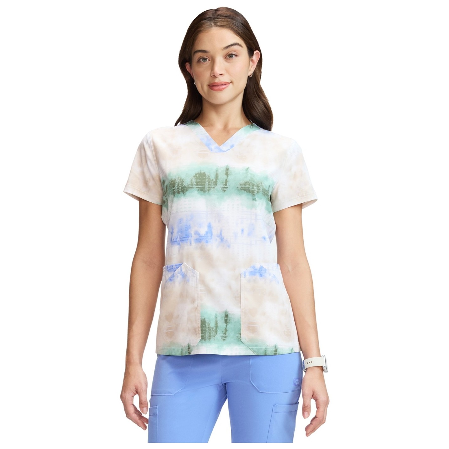 DK667 Dickies 4 Pocket V-Neck Print Top - Fading Stripes