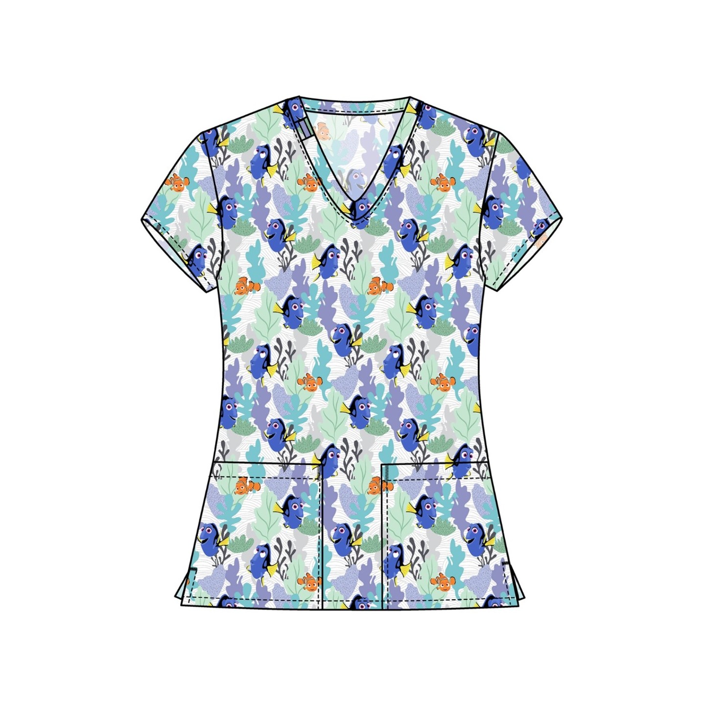 TF796 Tooniforms 2 Pocket V-Neck Print Top by Cherokee - Nemo And Dory
