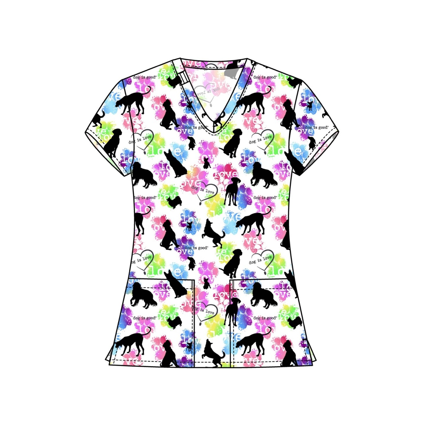 TF796 Tooniforms 2 Pocket V-Neck Print Top by Cherokee - Dog Is Love