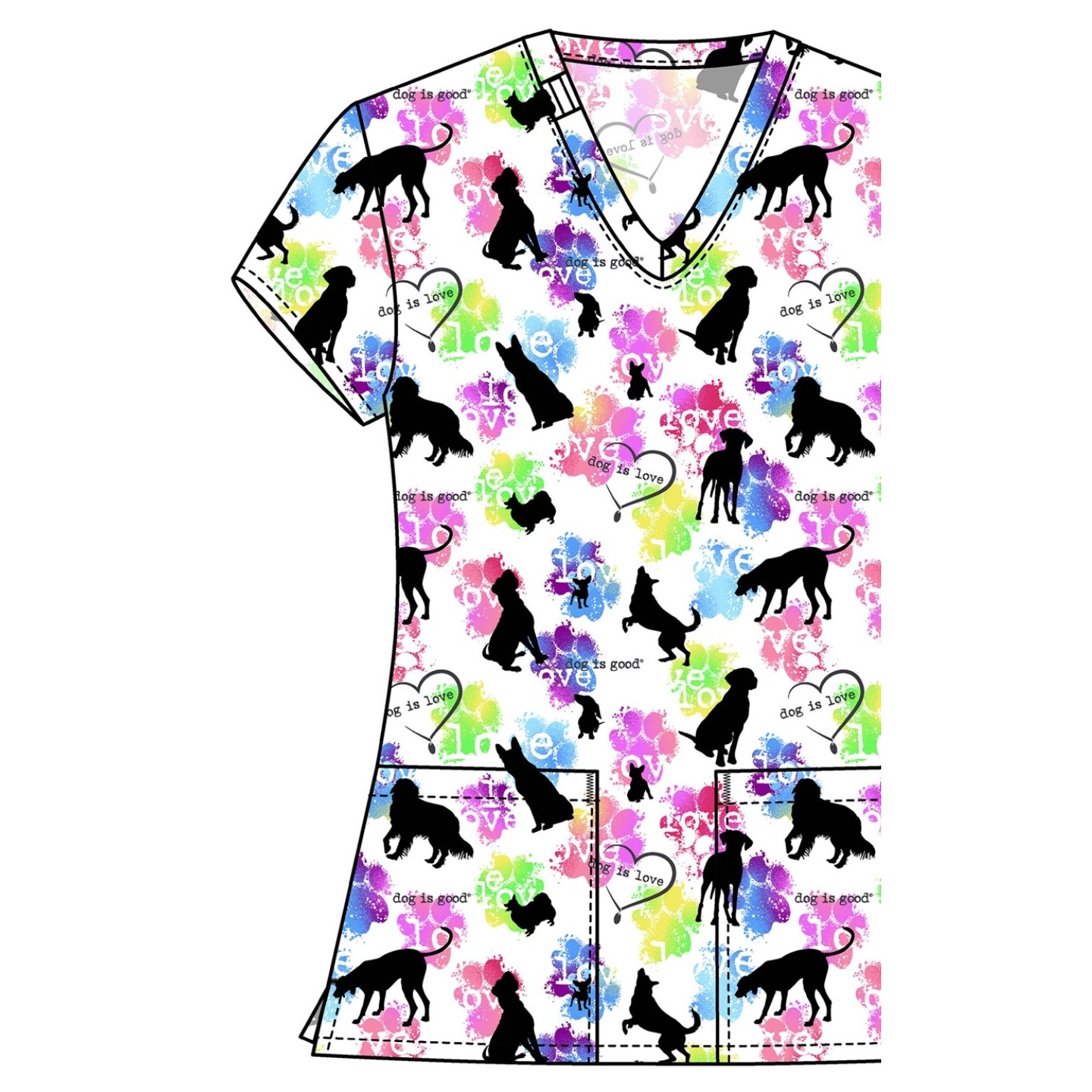 TF796 Tooniforms 2 Pocket V-Neck Print Top by Cherokee - Dog Is Love