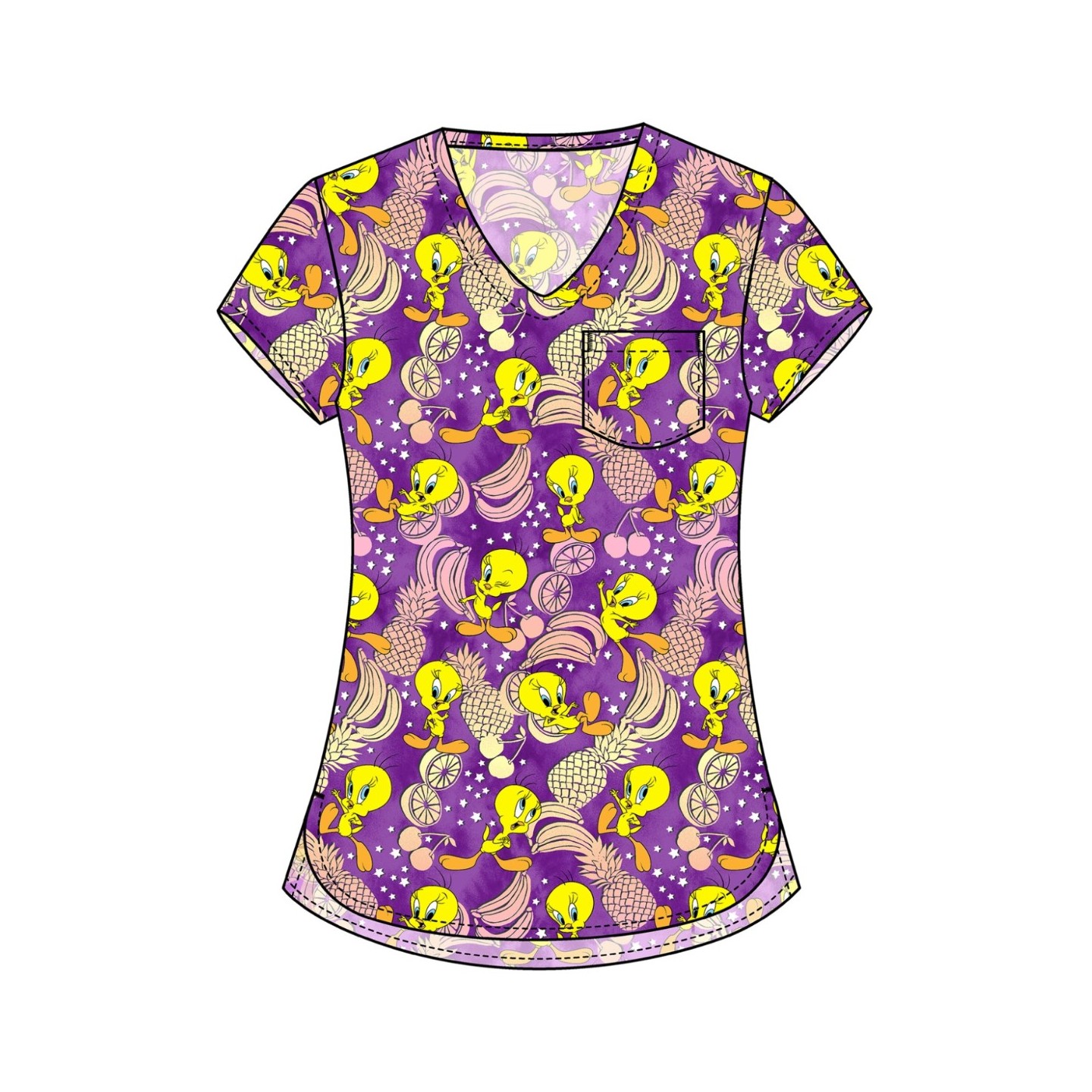 TF797 Tooniforms Tuckable Print Top with Chest Pocket by Cherokee - Tropical Tweety
