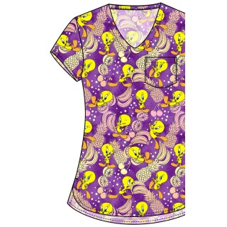 TF797 Tooniforms Tuckable Print Top with Chest Pocket by Cherokee - Tropical Tweety