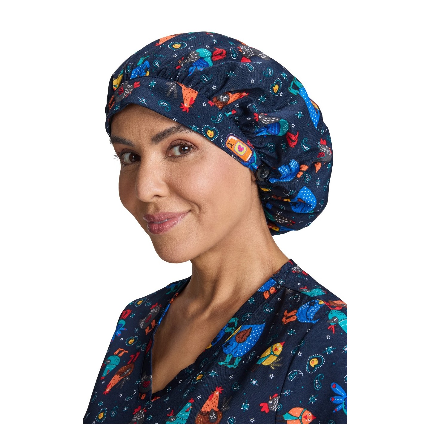 A174PR koi Essentials Bouffant Print Scrub Cap - Chicken Cowboy
