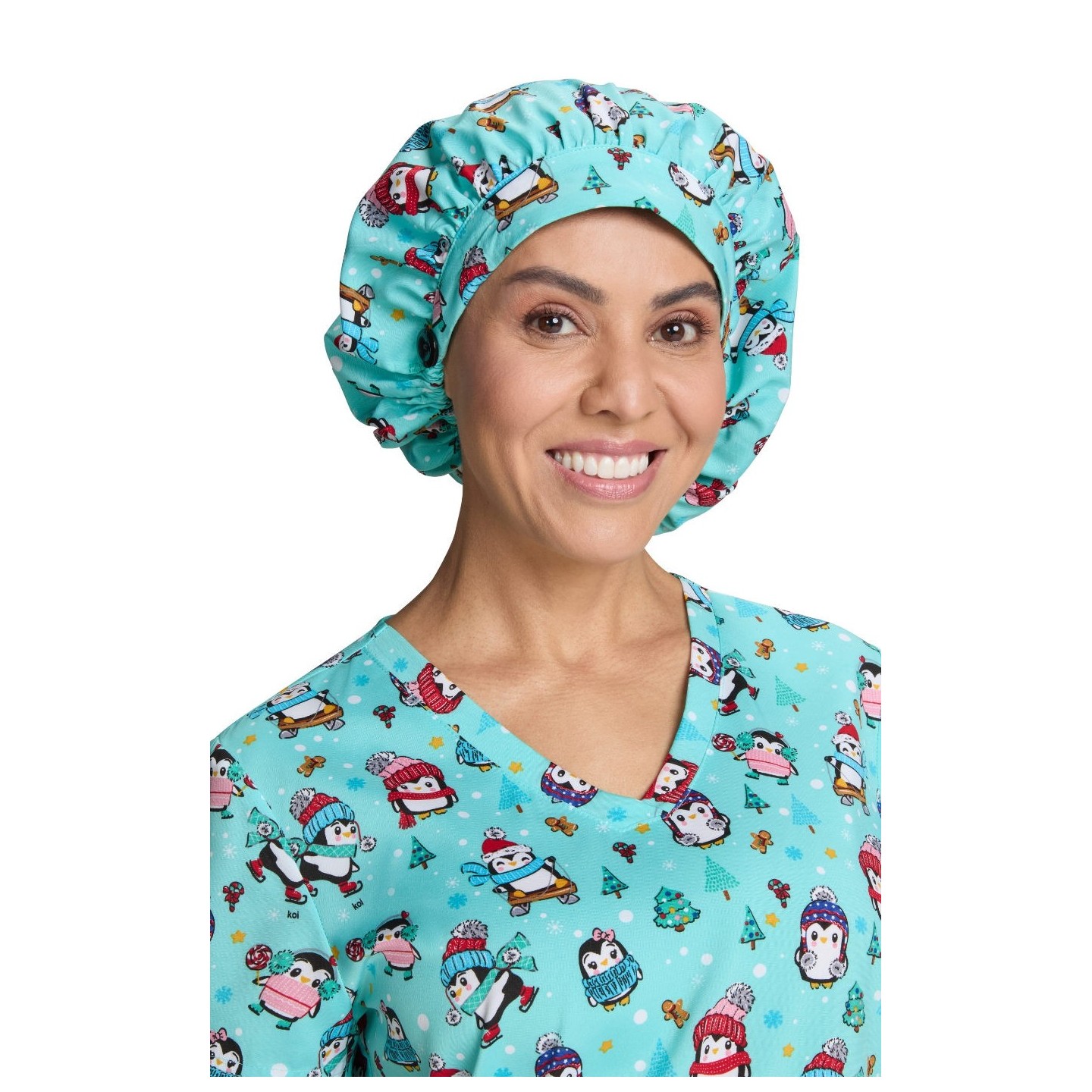 A174PR koi Essentials Bouffant Print Scrub Cap - Penguins
