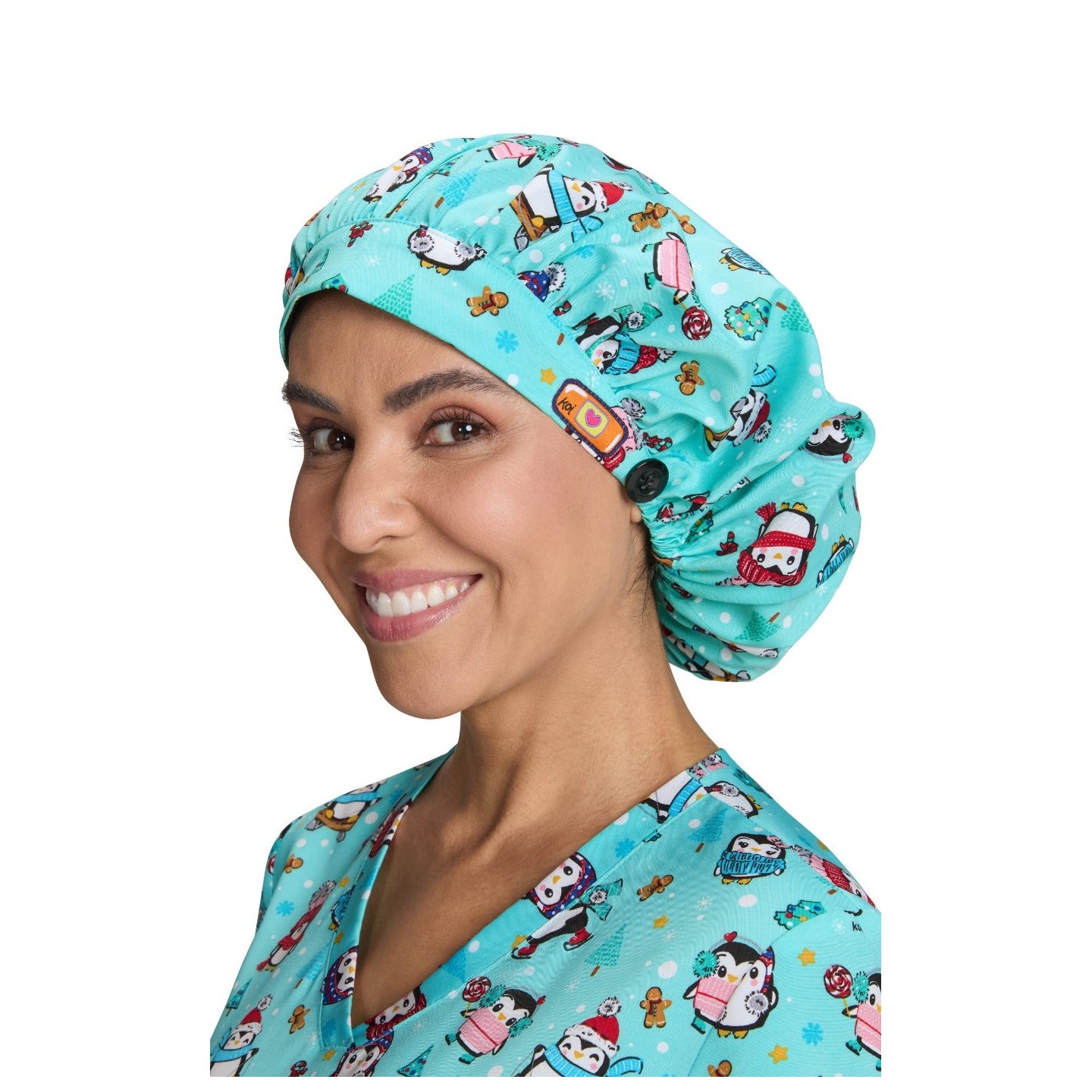 A174PR koi Essentials Bouffant Print Scrub Cap - Penguins