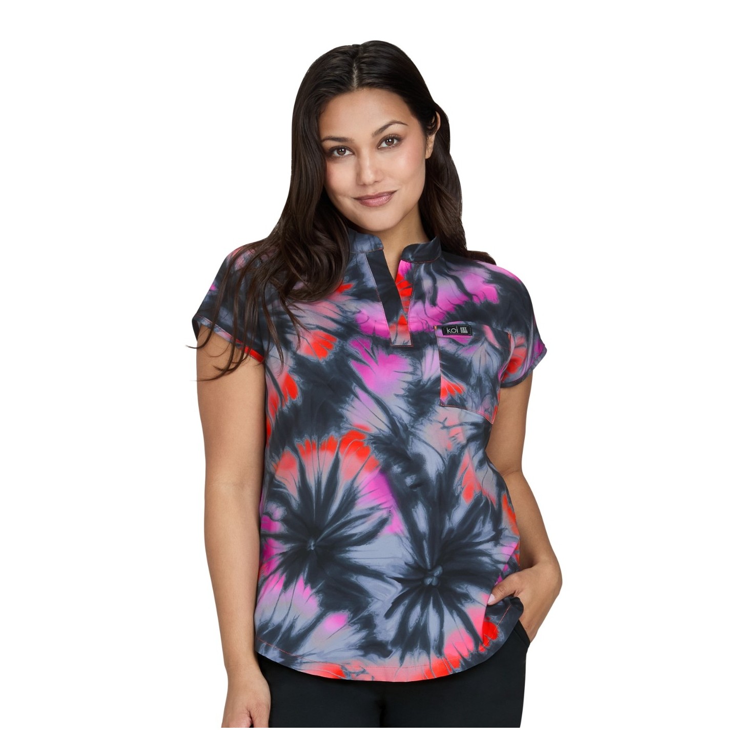 1093PR koi Basics Ari Split Neck Print Top - Flower Swirl