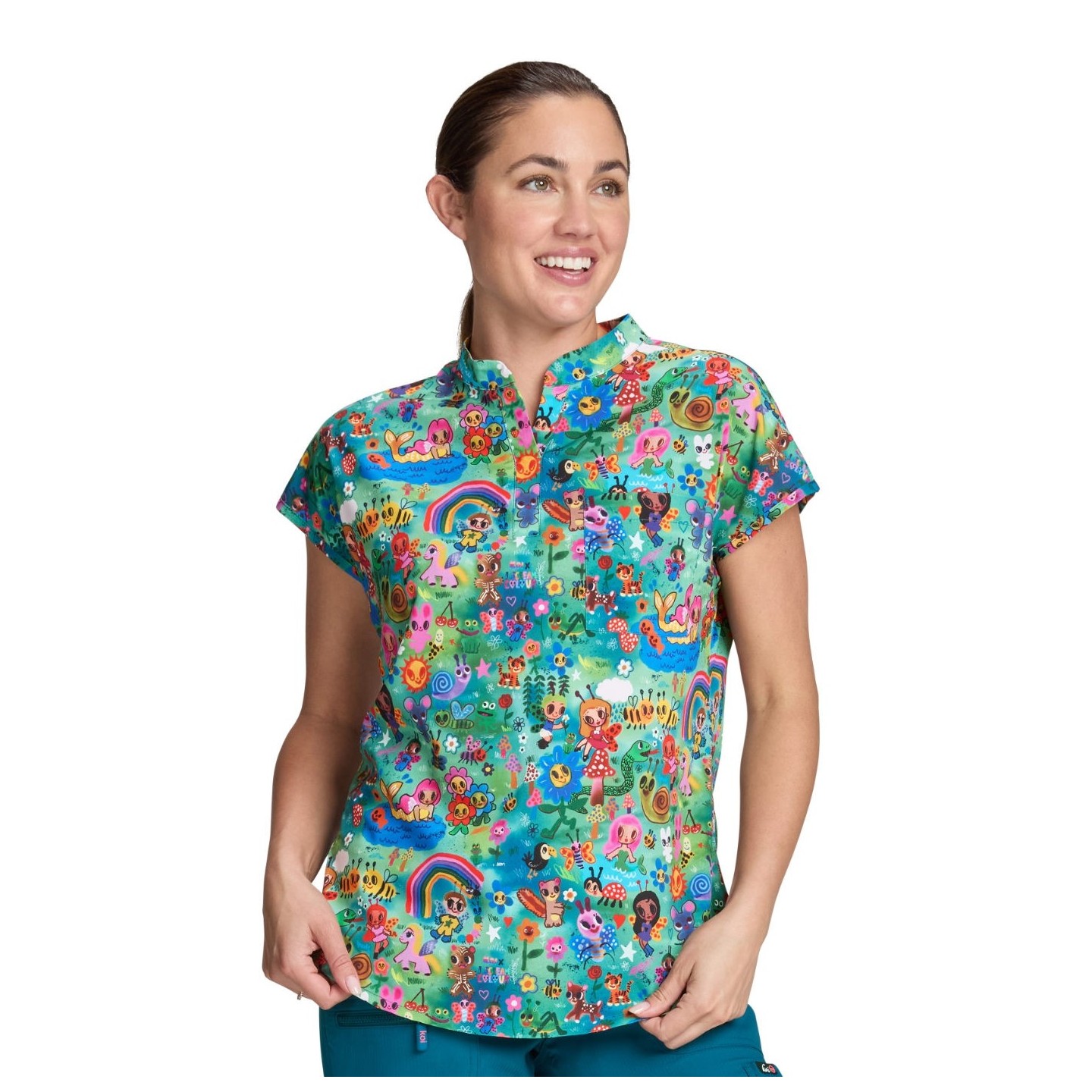 1093PRA koi Basics Artist Series Ari Split Neck Print Top - Forest Creatures