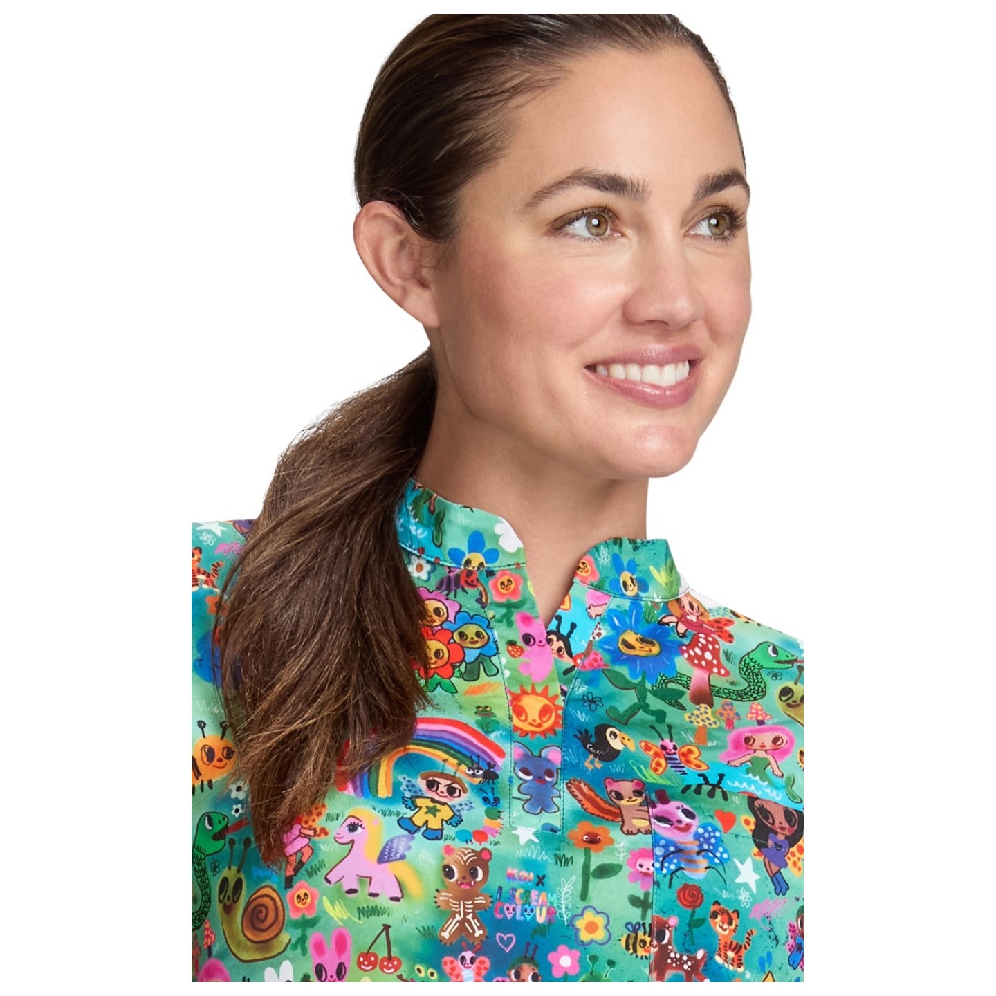 1093PRA koi Basics Artist Series Ari Split Neck Print Top - Forest Creatures