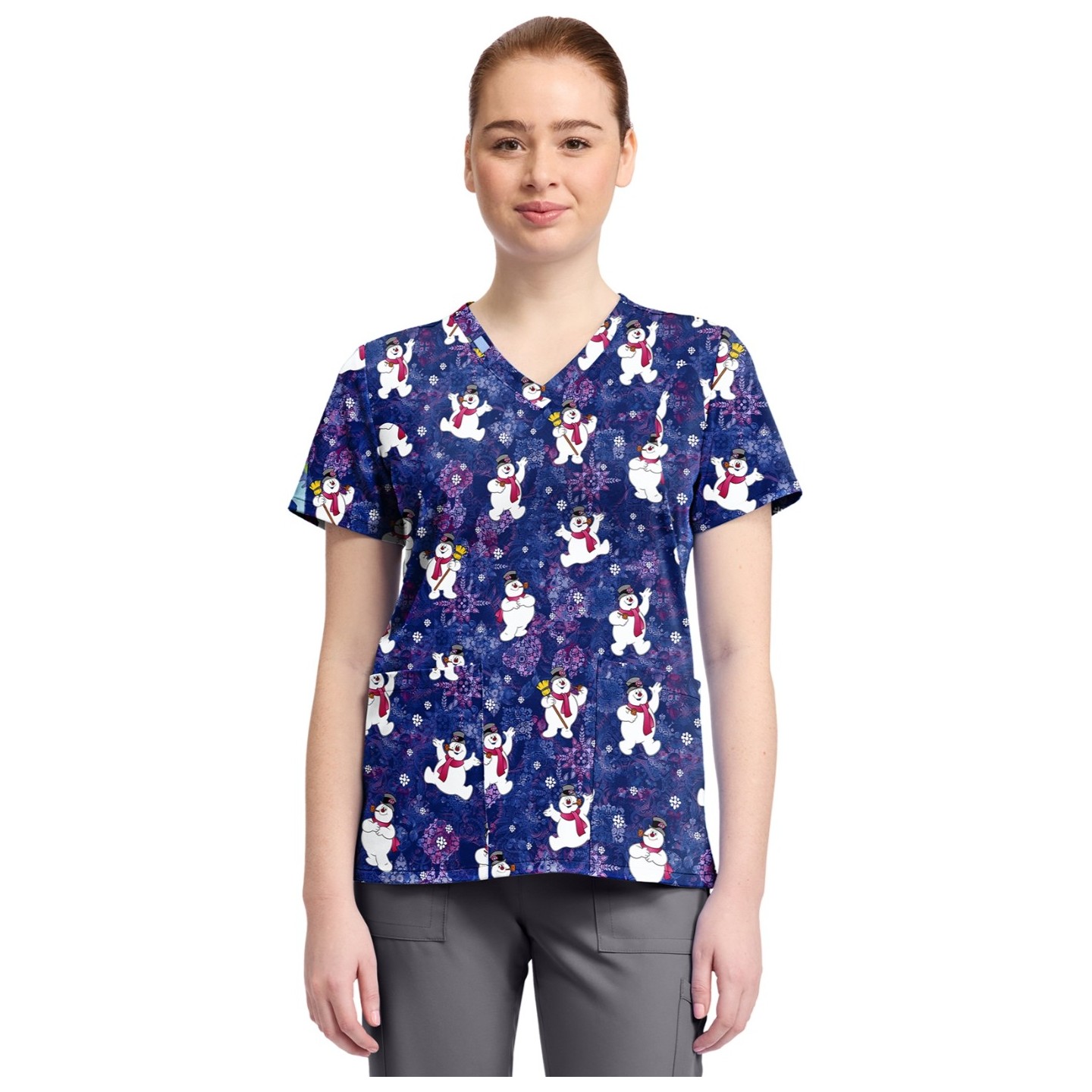 TF796 Tooniforms 2 Pocket V-Neck Print Top by Cherokee - Chilly Tiles