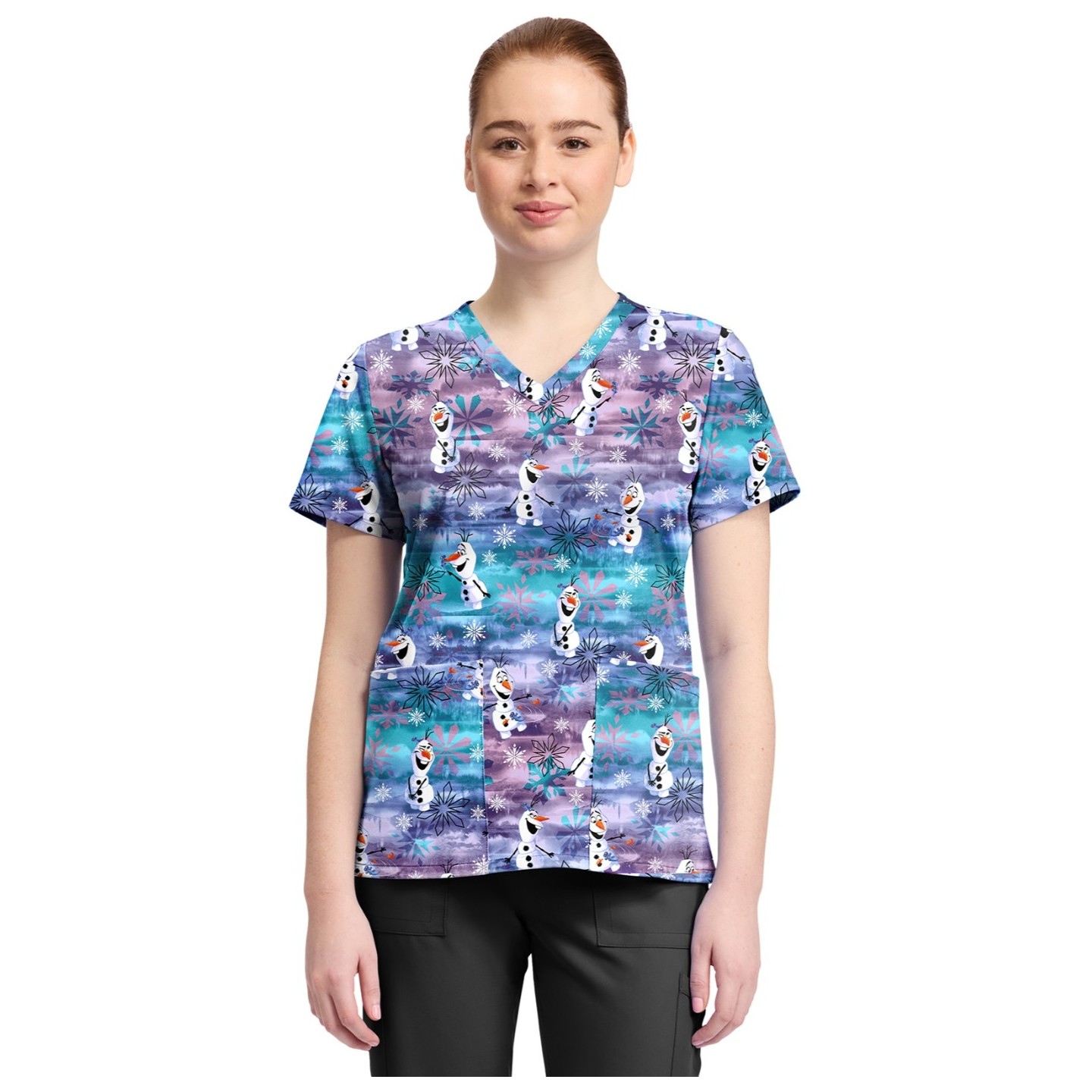 TF796 Tooniforms 2 Pocket V-Neck Print Top by Cherokee - Olaf in Arendelle