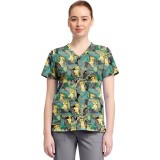 TF796 Tooniforms 2 Pocket V-Neck Print Top by Cherokee - Tropical Roar