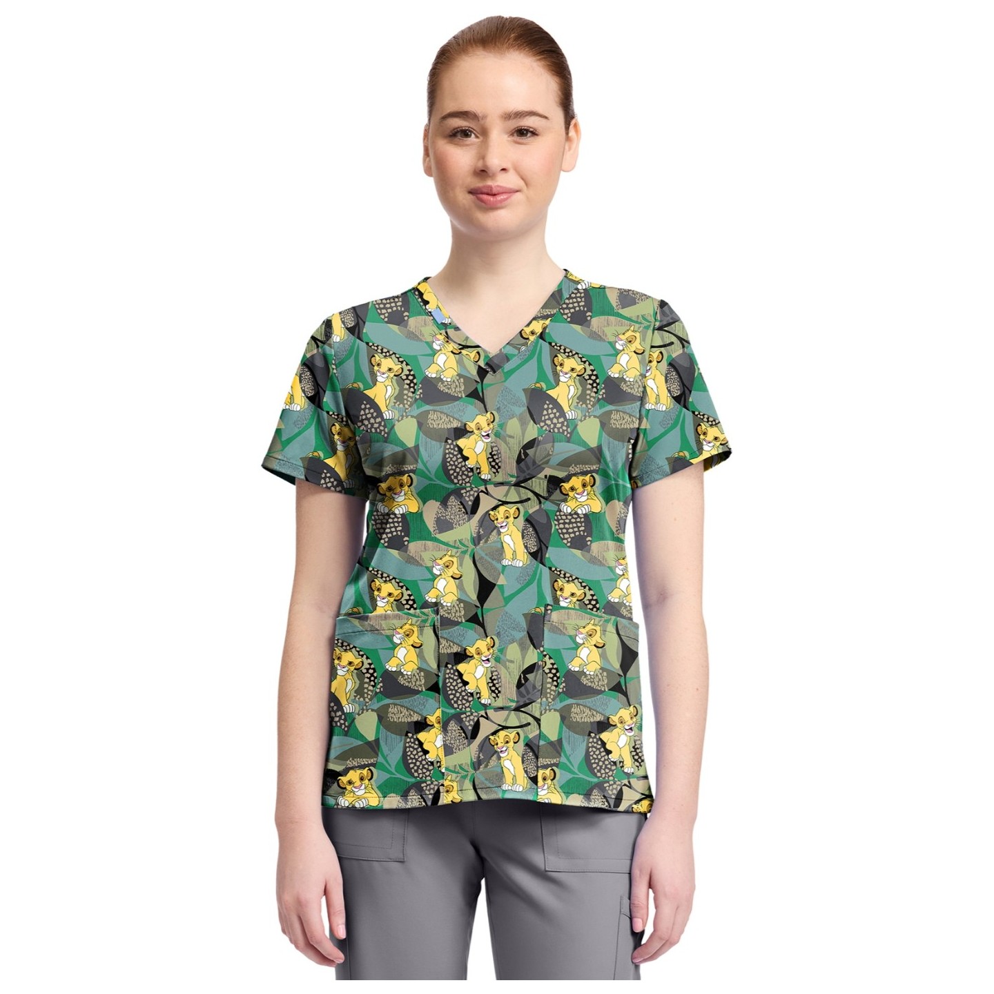 TF796 Tooniforms 2 Pocket V-Neck Print Top by Cherokee - Tropical Roar
