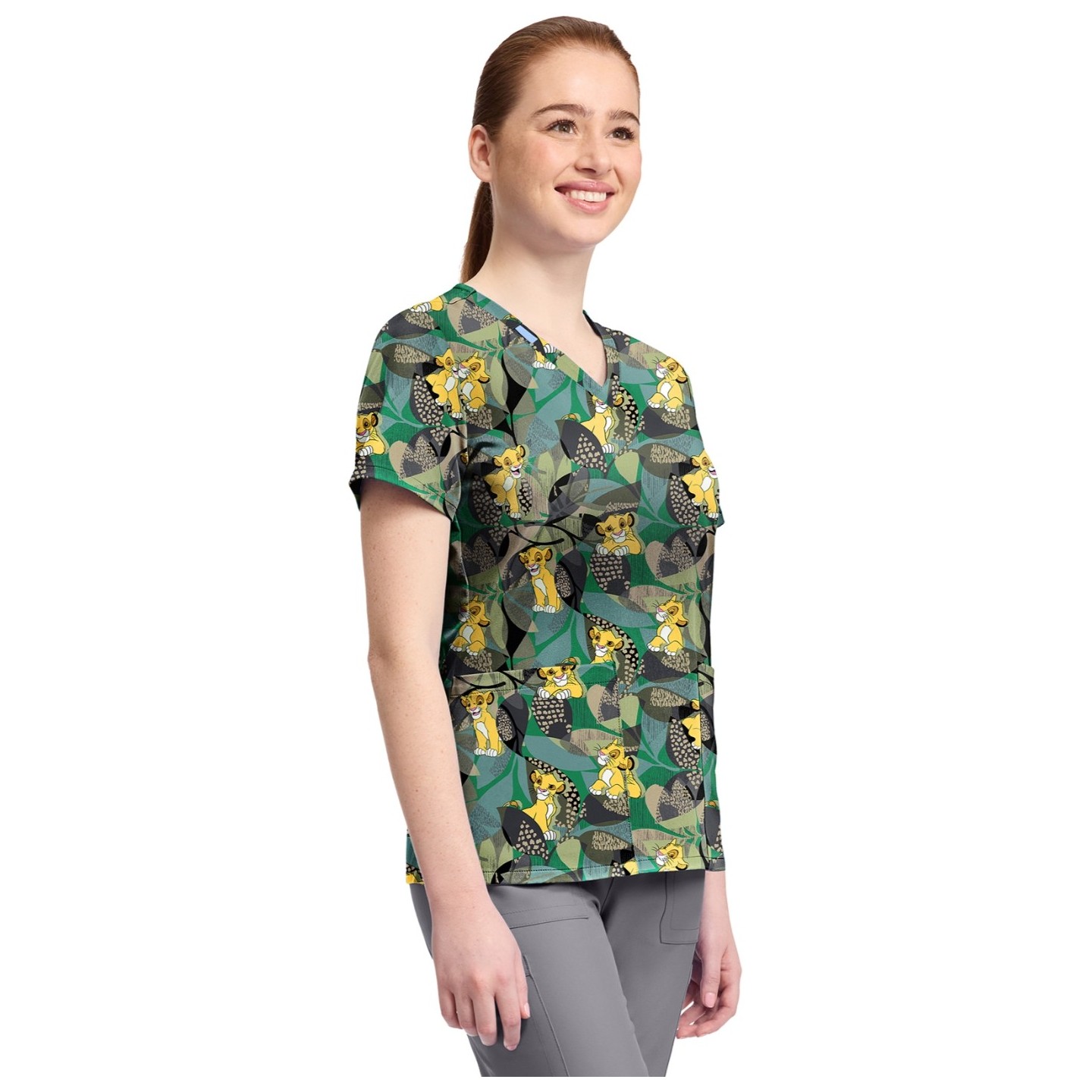 TF796 Tooniforms 2 Pocket V-Neck Print Top by Cherokee - Tropical Roar