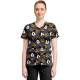 TF796 Tooniforms 2 Pocket V-Neck Print Top by Cherokee - Scaredy Pumpkin