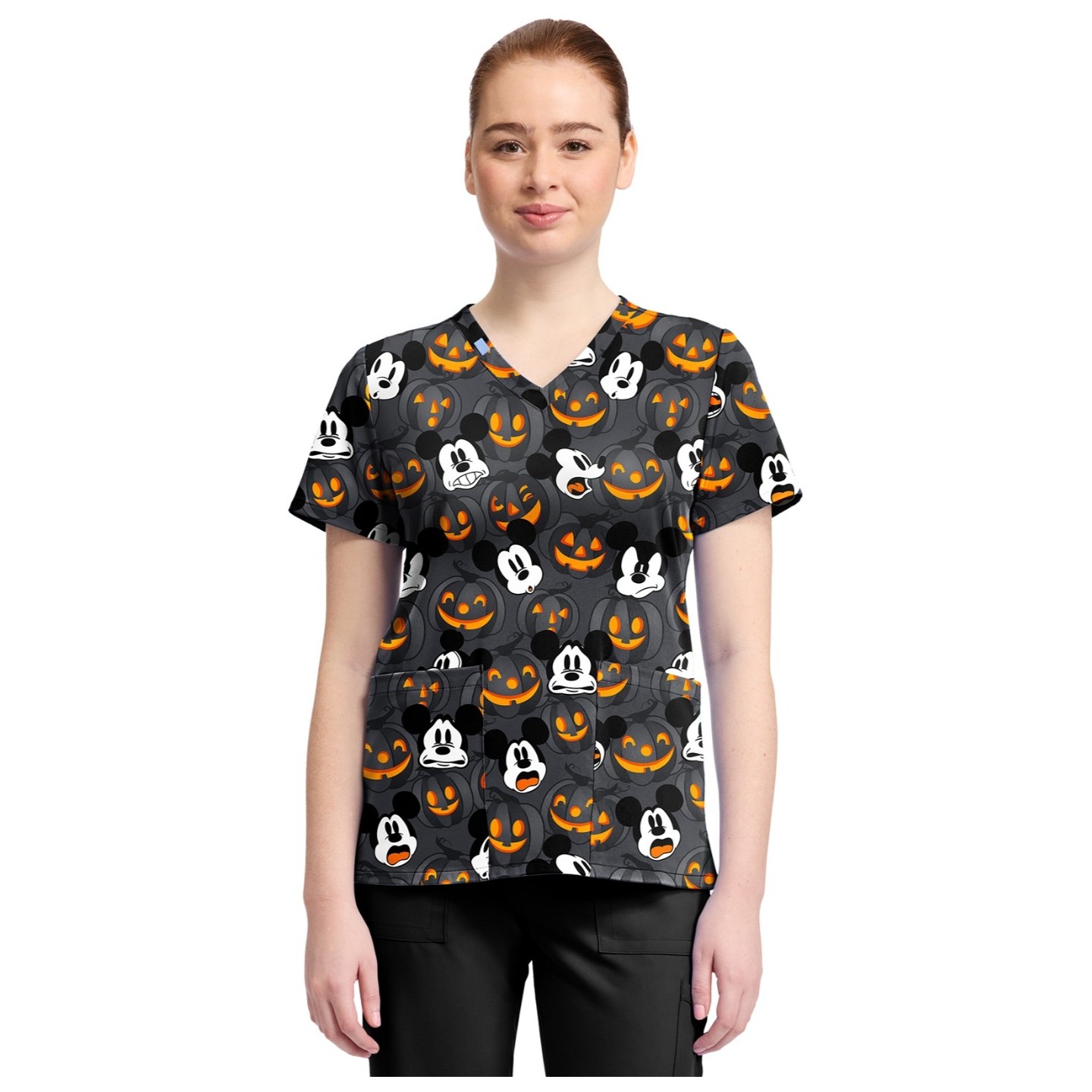 TF796 Tooniforms 2 Pocket V-Neck Print Top by Cherokee - Scaredy Pumpkin