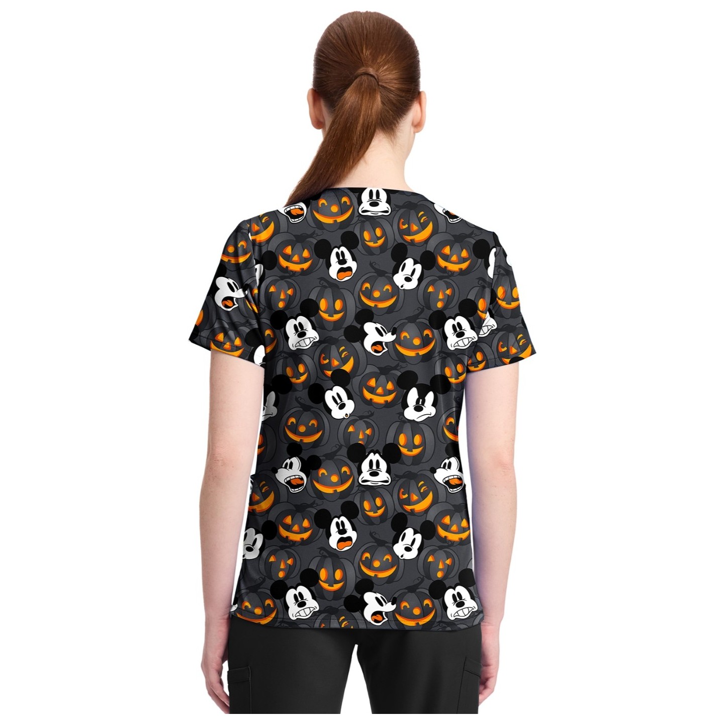 TF796 Tooniforms 2 Pocket V-Neck Print Top by Cherokee - Scaredy Pumpkin