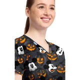 TF796 Tooniforms 2 Pocket V-Neck Print Top by Cherokee - Scaredy Pumpkin