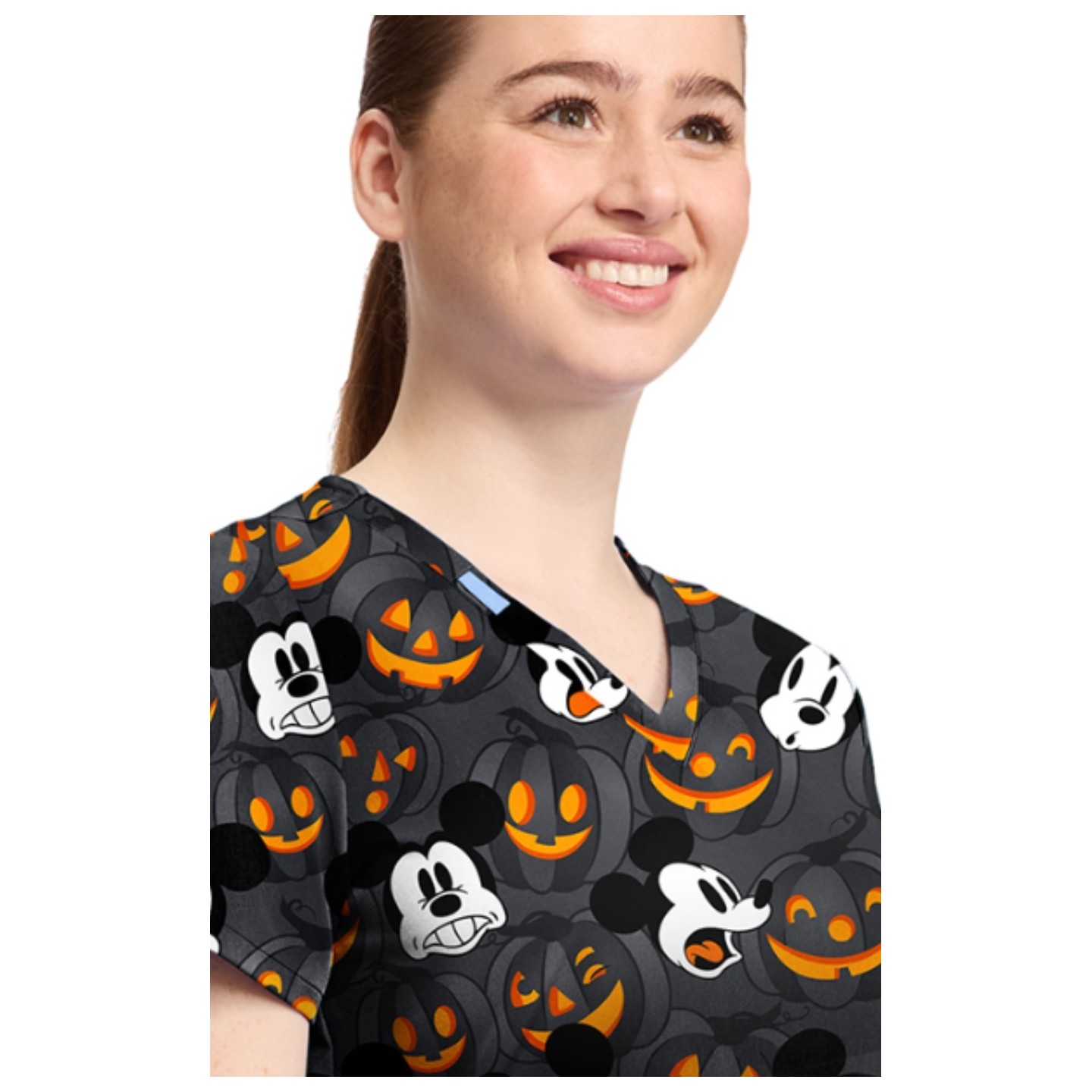 TF796 Tooniforms 2 Pocket V-Neck Print Top by Cherokee - Scaredy Pumpkin