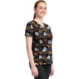 TF796 Tooniforms 2 Pocket V-Neck Print Top by Cherokee - Scaredy Pumpkin