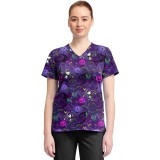 TF796 Tooniforms 2 Pocket V-Neck Print Top by Cherokee - Ghost-Like Charm