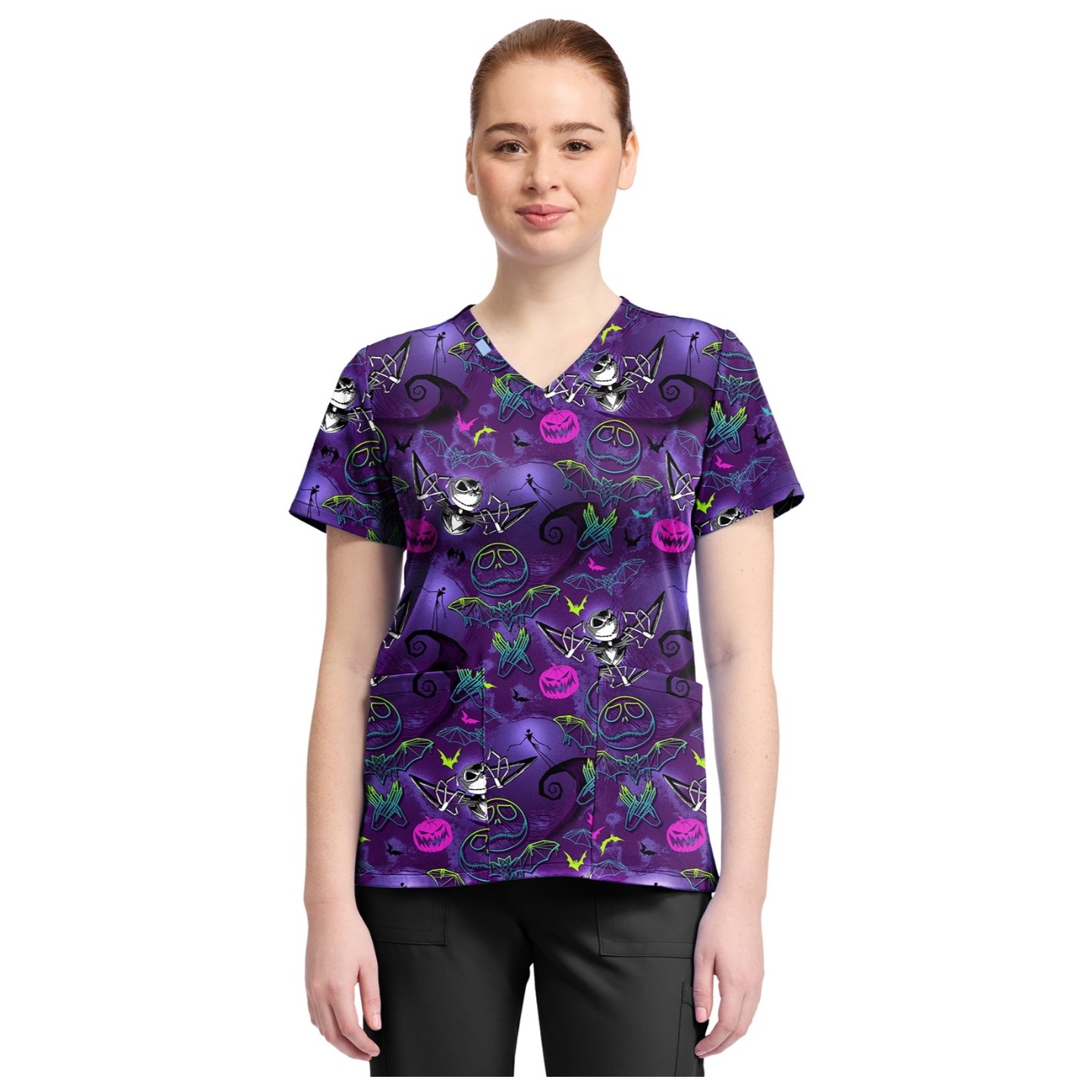 TF796 Tooniforms 2 Pocket V-Neck Print Top by Cherokee - Ghost-Like Charm