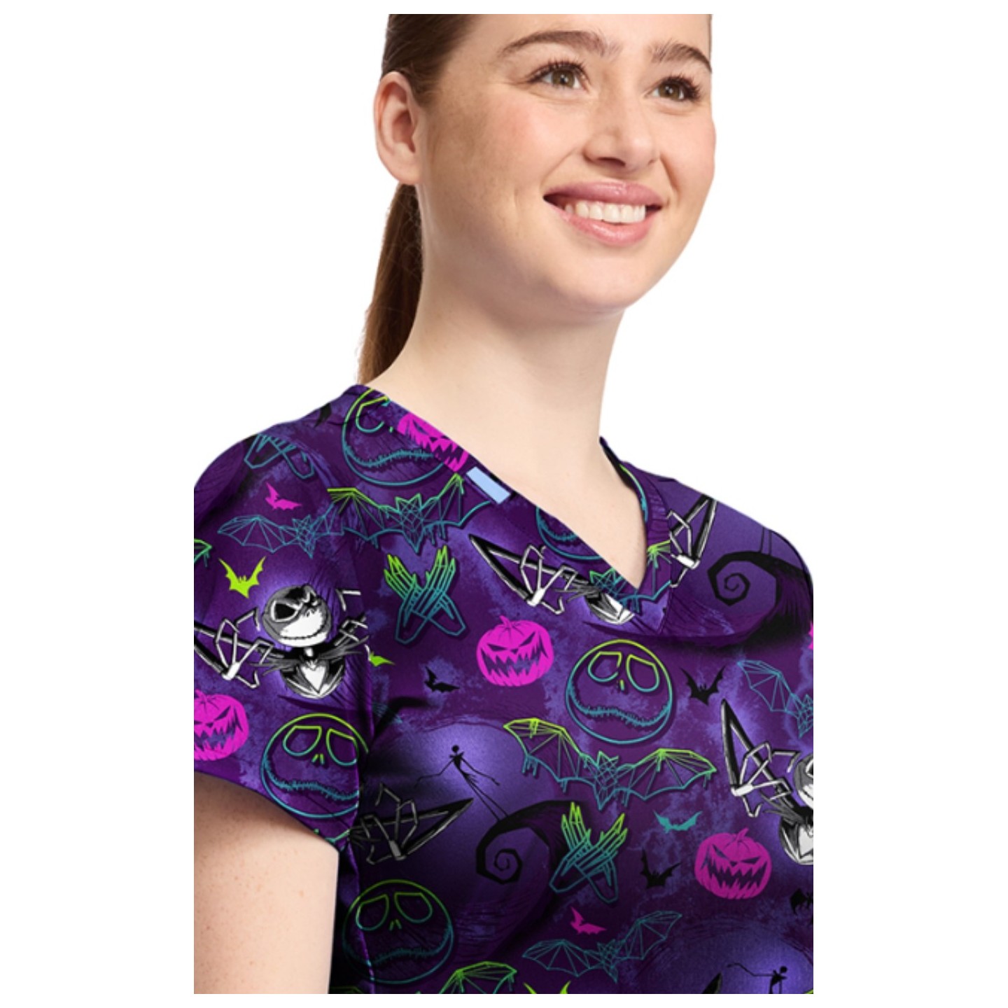 TF796 Tooniforms 2 Pocket V-Neck Print Top by Cherokee - Ghost-Like Charm