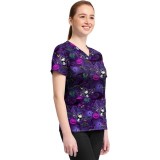 TF796 Tooniforms 2 Pocket V-Neck Print Top by Cherokee - Ghost-Like Charm