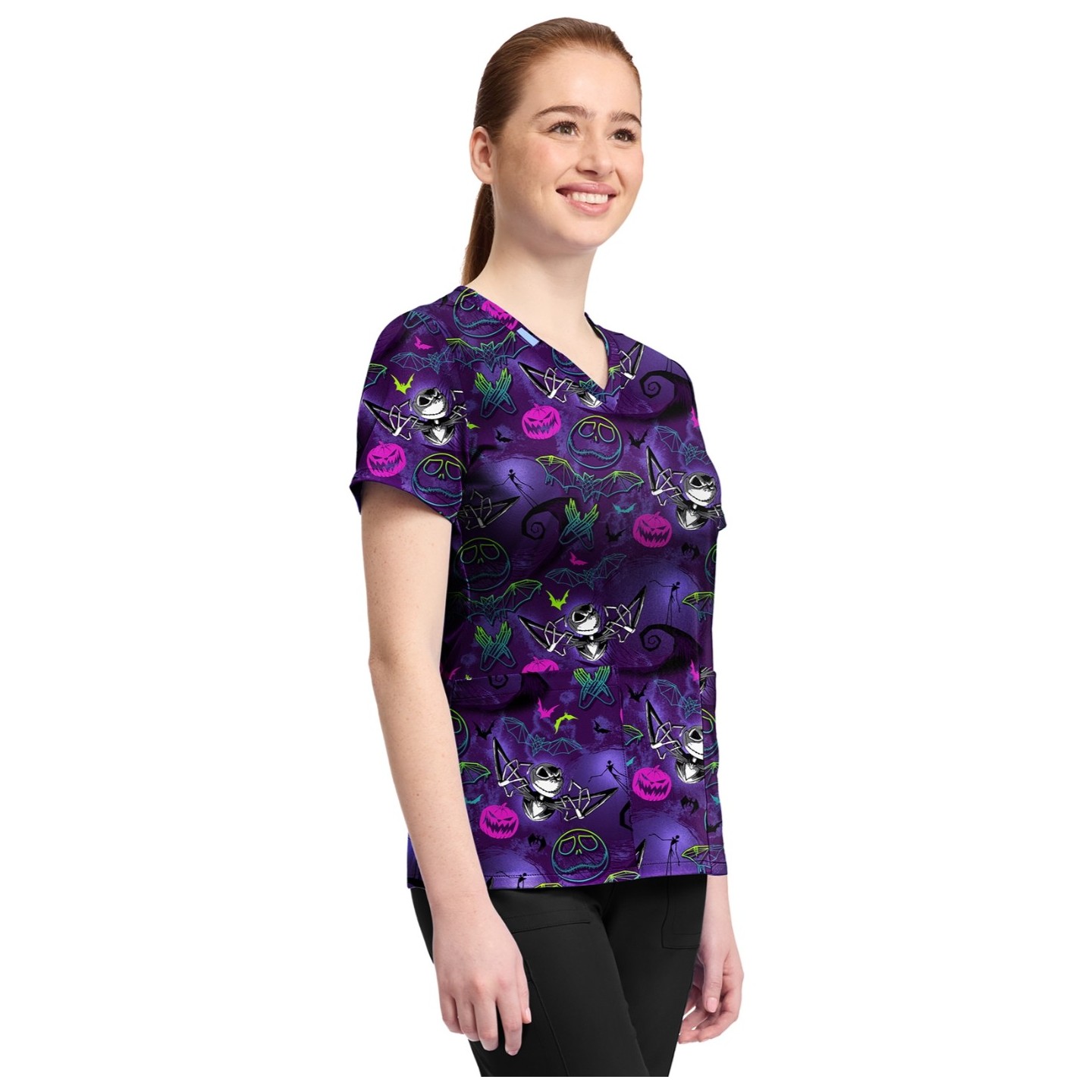 TF796 Tooniforms 2 Pocket V-Neck Print Top by Cherokee - Ghost-Like Charm