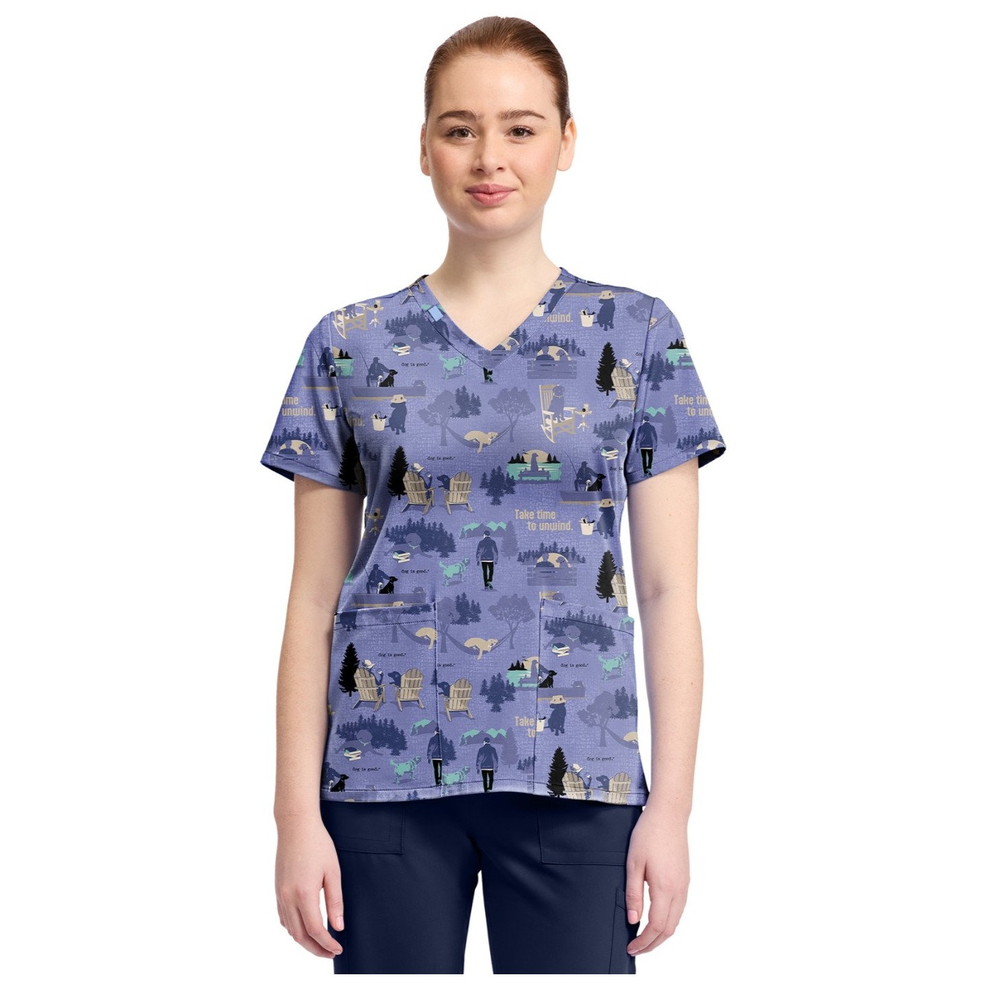 TF796 Tooniforms 2 Pocket V-Neck Print Top by Cherokee - Take Time to Unwind 