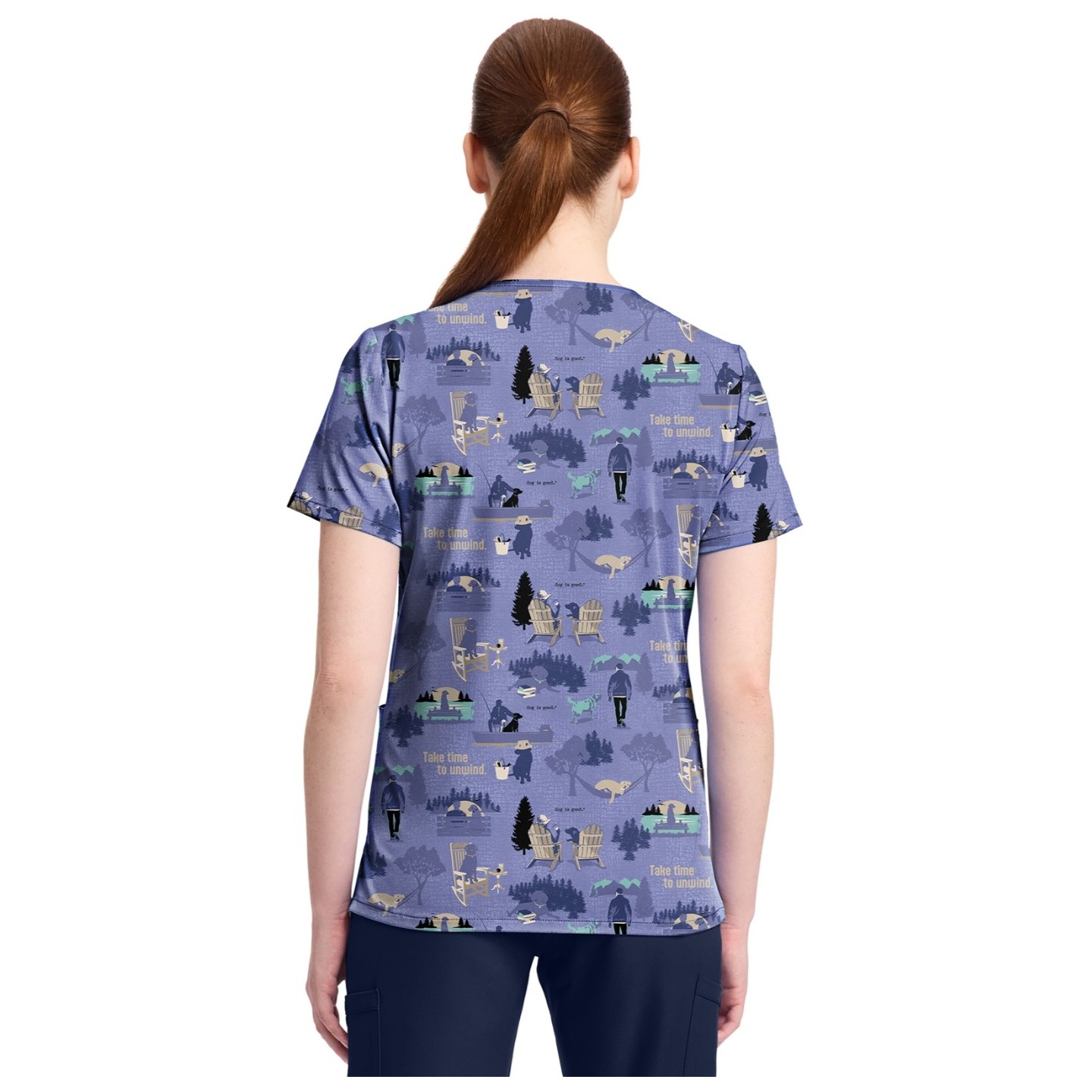 TF796 Tooniforms 2 Pocket V-Neck Print Top by Cherokee - Take Time to Unwind 