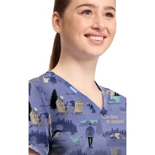 TF796 Tooniforms 2 Pocket V-Neck Print Top by Cherokee - Take Time to Unwind 