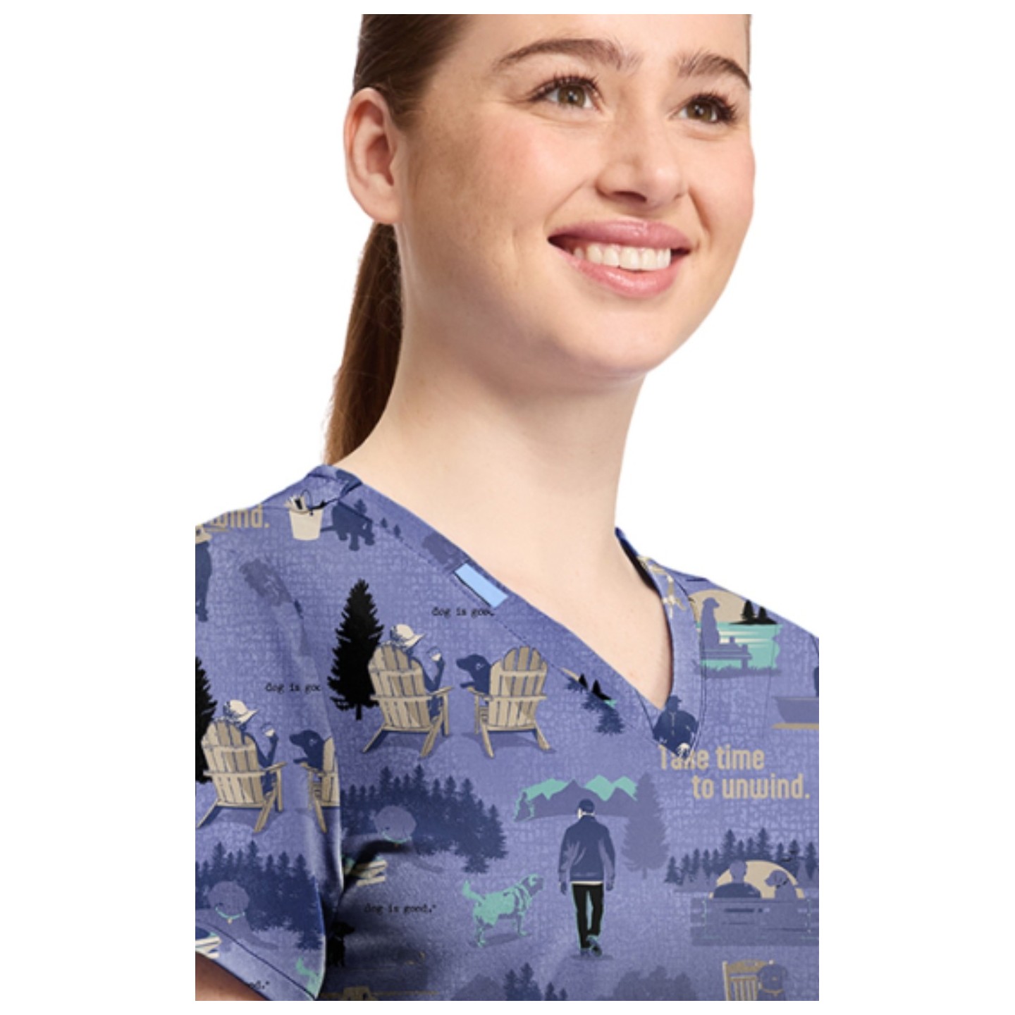 TF796 Tooniforms 2 Pocket V-Neck Print Top by Cherokee - Take Time to Unwind 