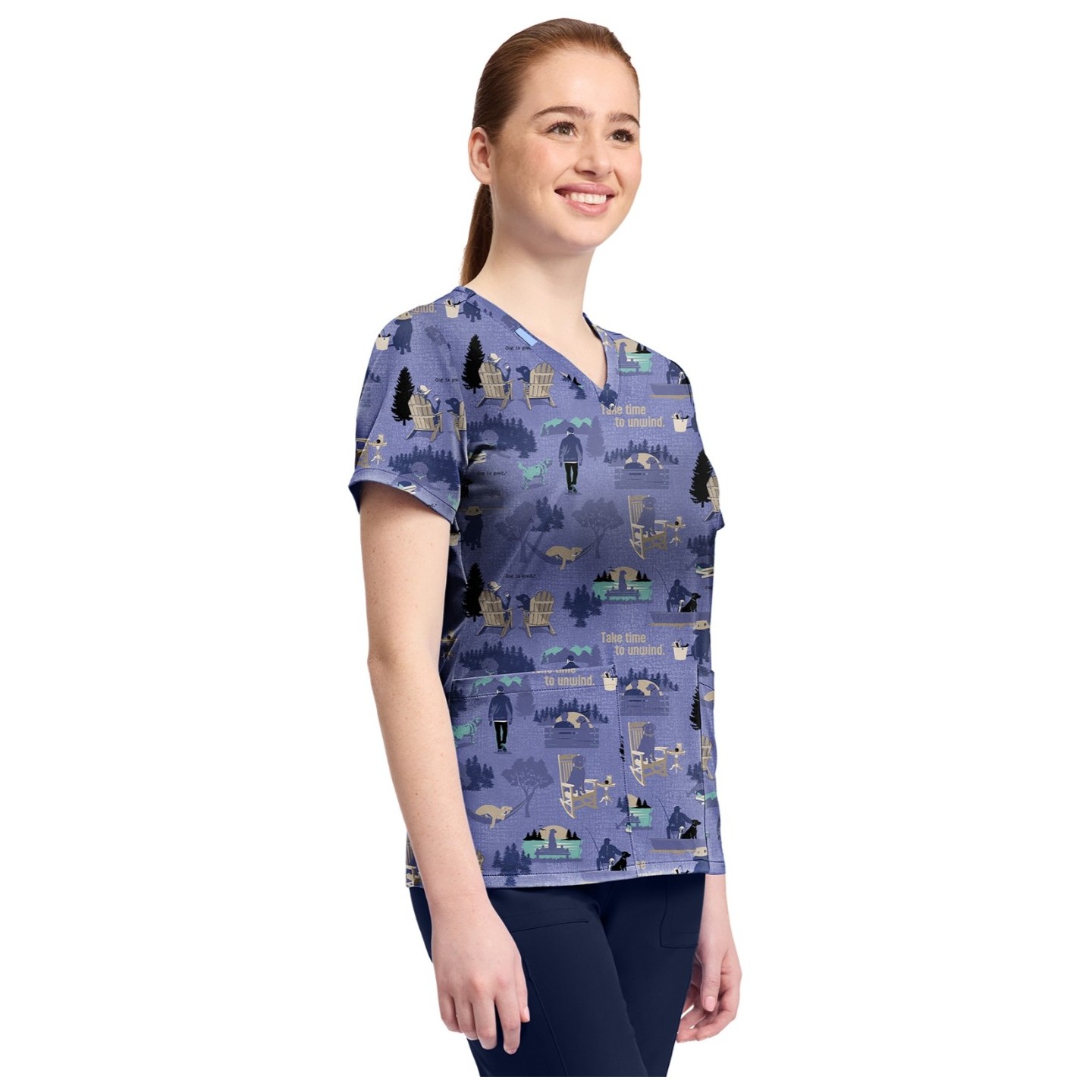 TF796 Tooniforms 2 Pocket V-Neck Print Top by Cherokee - Take Time to Unwind 