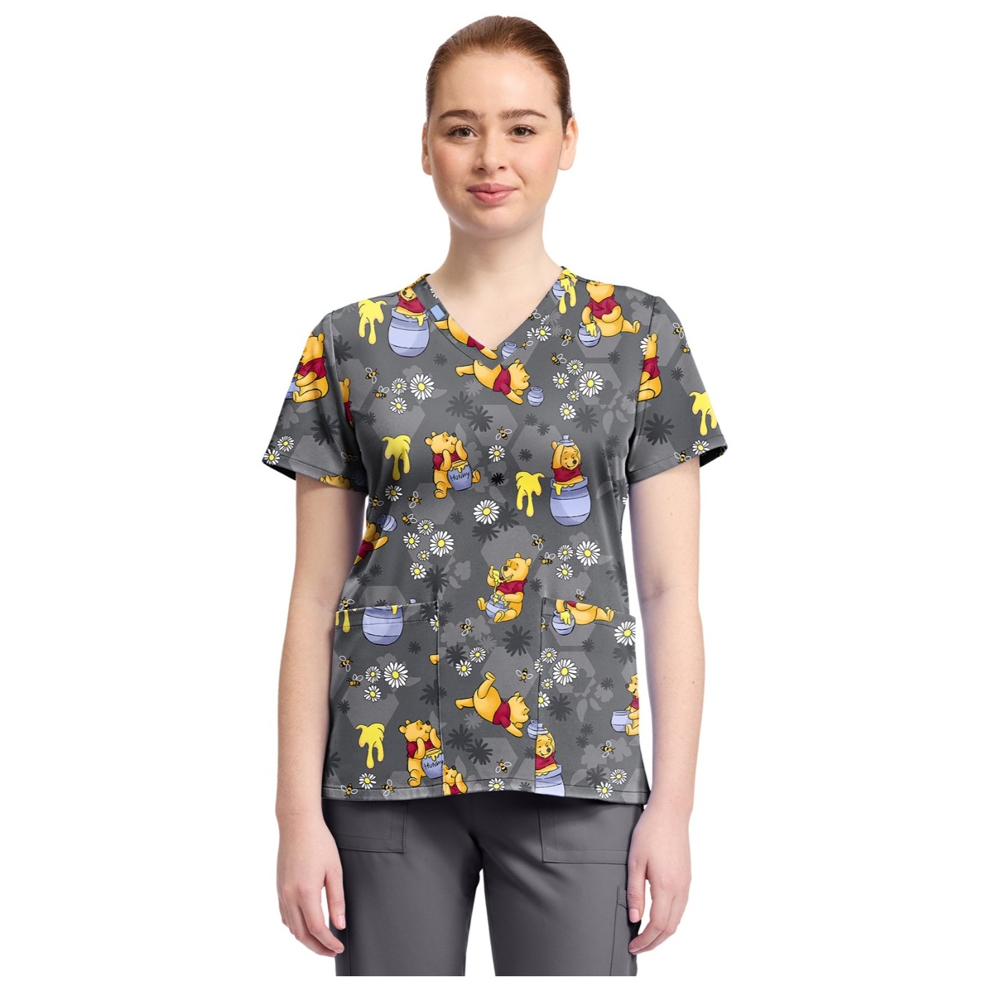 TF796 Tooniforms 2 Pocket V-Neck Print Top by Cherokee - Honey Business
