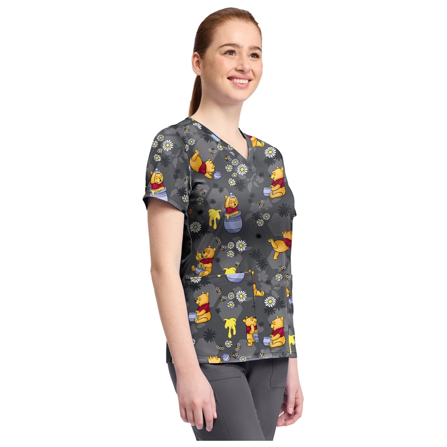 TF796 Tooniforms 2 Pocket V-Neck Print Top by Cherokee - Honey Business