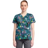 TF796 Tooniforms 2 Pocket V-Neck Print Top by Cherokee - Winter Forest