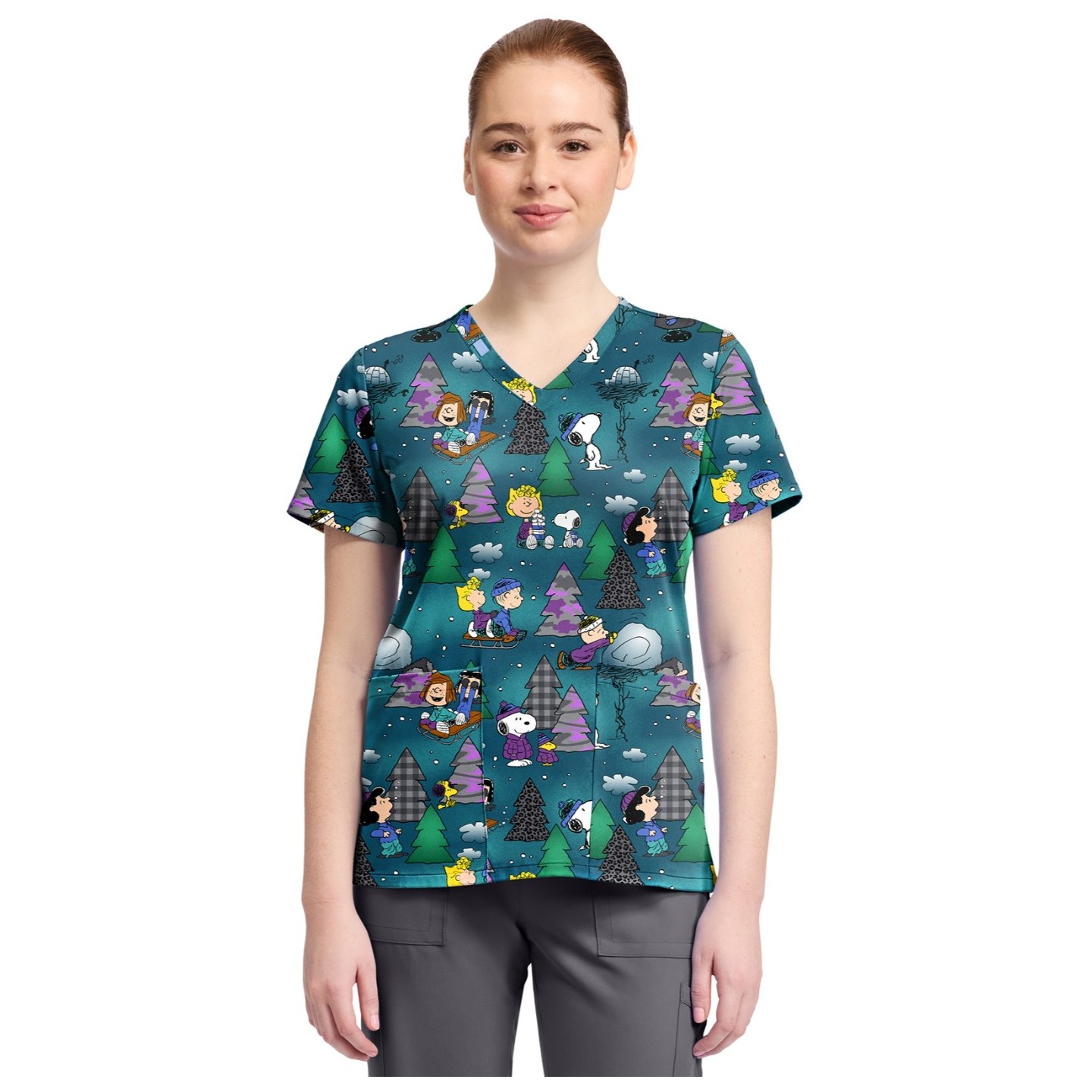 TF796 Tooniforms 2 Pocket V-Neck Print Top by Cherokee - Winter Forest