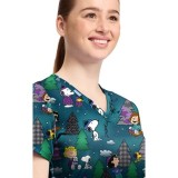 TF796 Tooniforms 2 Pocket V-Neck Print Top by Cherokee - Winter Forest